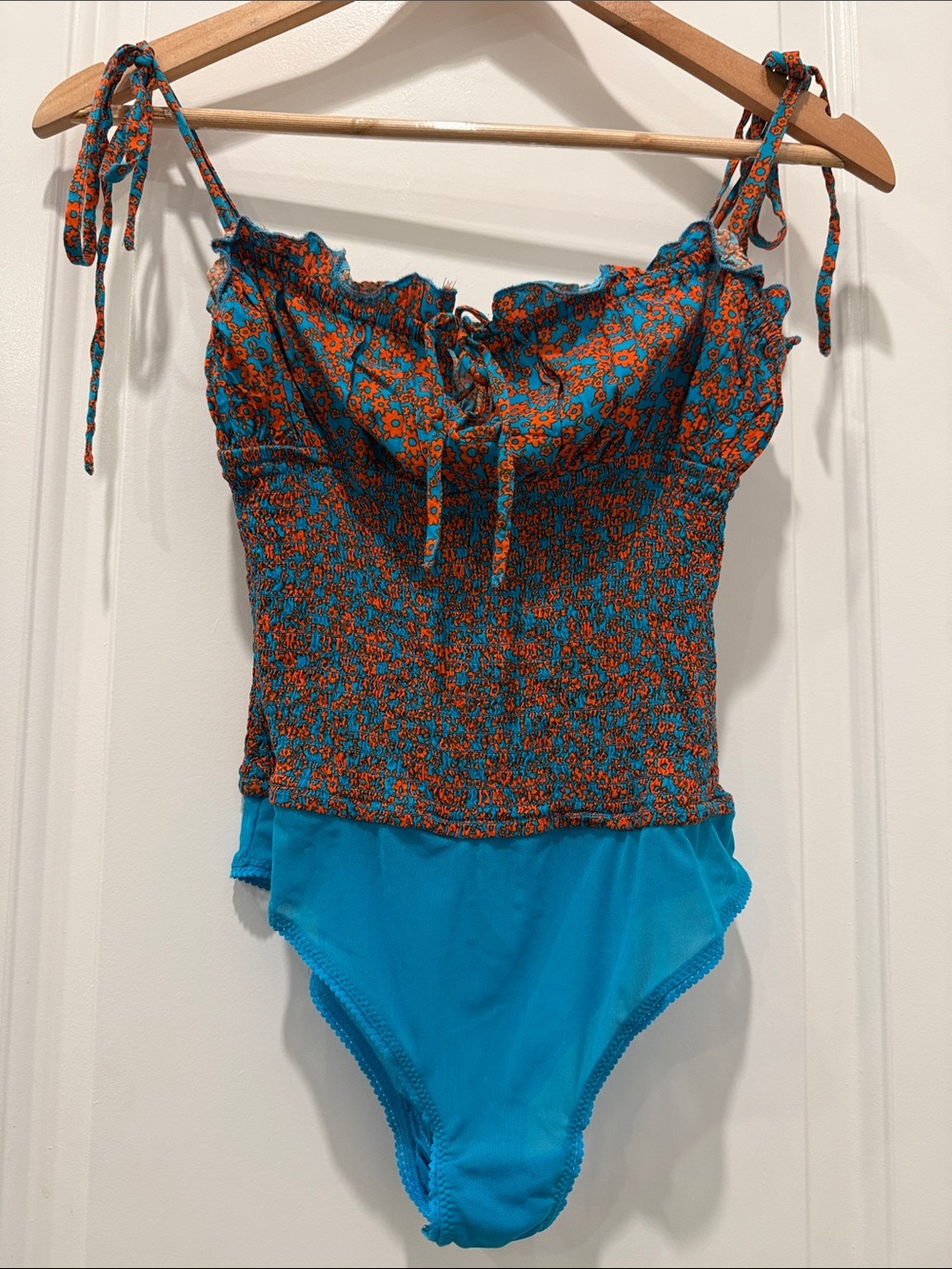 Free People Women’s Teal and Orange Floral Bodysuit.